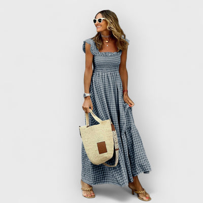 Belle | Kariertes Maxikleid mit gesmokten Rüschenärmeln