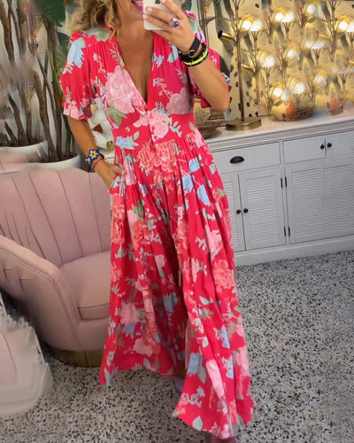 Reagan – Maxikleid mit V-Ausschnitt und kurzen Ärmeln und Blumenmuster