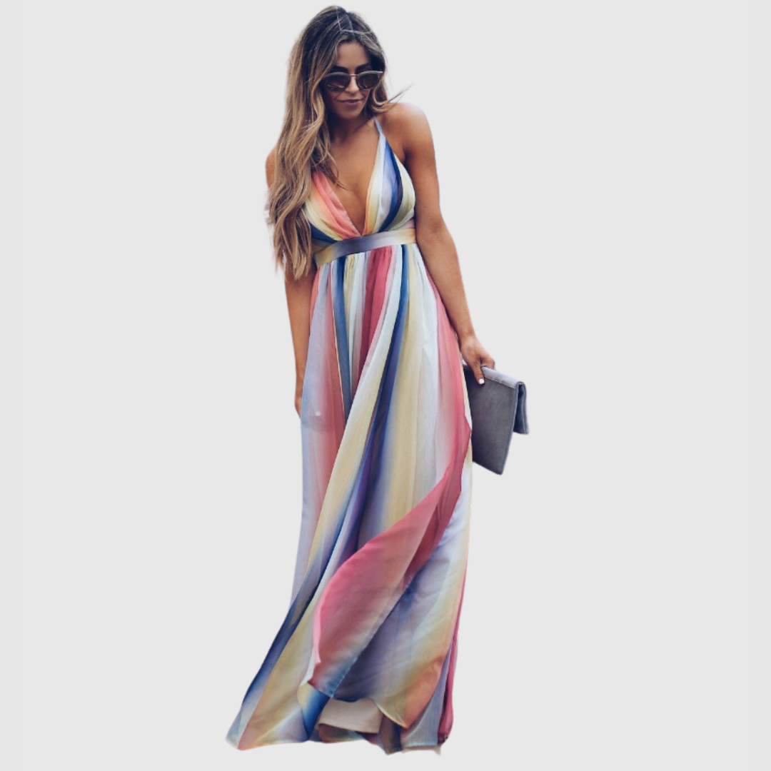 Clover – Langes Kleid mit Regenbogen-Print im Bohemian-Stil
