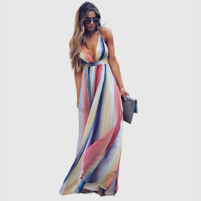 Clover – Langes Kleid mit Regenbogen-Print im Bohemian-Stil