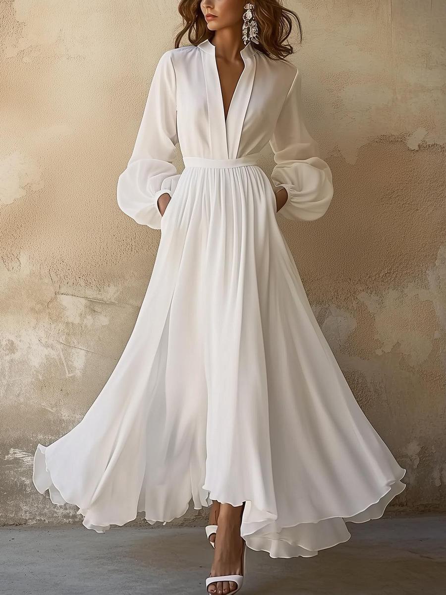 Laura – Vintage-inspiriertes weißes Maxikleid mit V-Ausschnitt