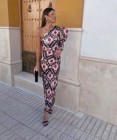Yllana – Lilafarbenes Puff-Midikleid mit One-Shoulder-Träger
