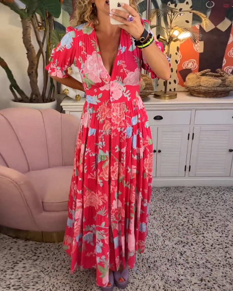 Reagan – Maxikleid mit V-Ausschnitt und kurzen Ärmeln und Blumenmuster