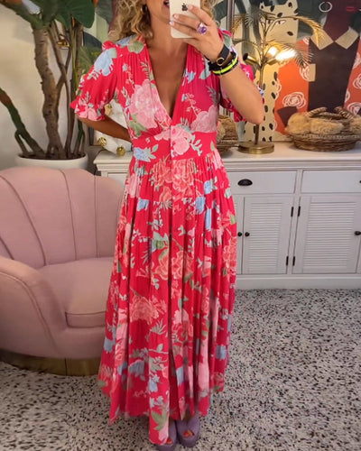 Reagan – Maxikleid mit V-Ausschnitt und kurzen Ärmeln und Blumenmuster