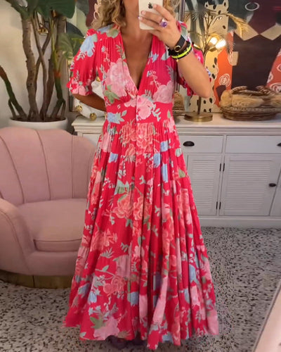 Reagan – Maxikleid mit V-Ausschnitt und kurzen Ärmeln und Blumenmuster