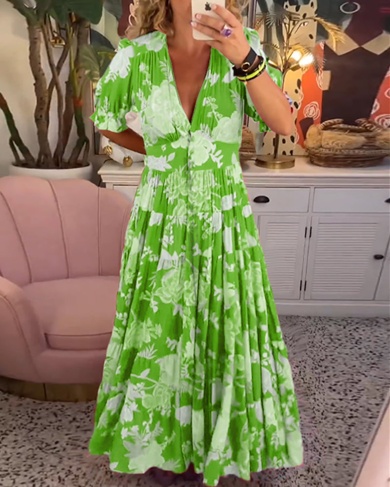 Reagan – Maxikleid mit V-Ausschnitt und kurzen Ärmeln und Blumenmuster