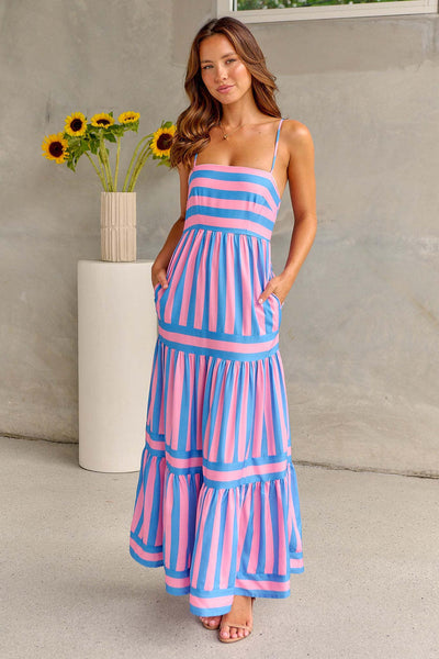 Mia | Gestreiftes Maxikleid mit Trägern und Taschen