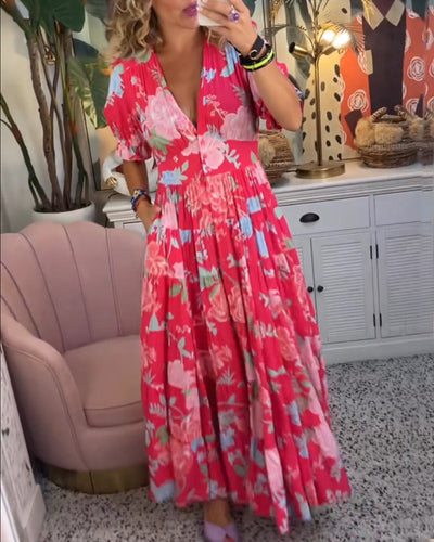 Reagan – Maxikleid mit V-Ausschnitt und kurzen Ärmeln und Blumenmuster