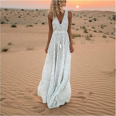 Noa – Böhmisches Eleganz-Maxikleid mit V-Ausschnitt und Punkten