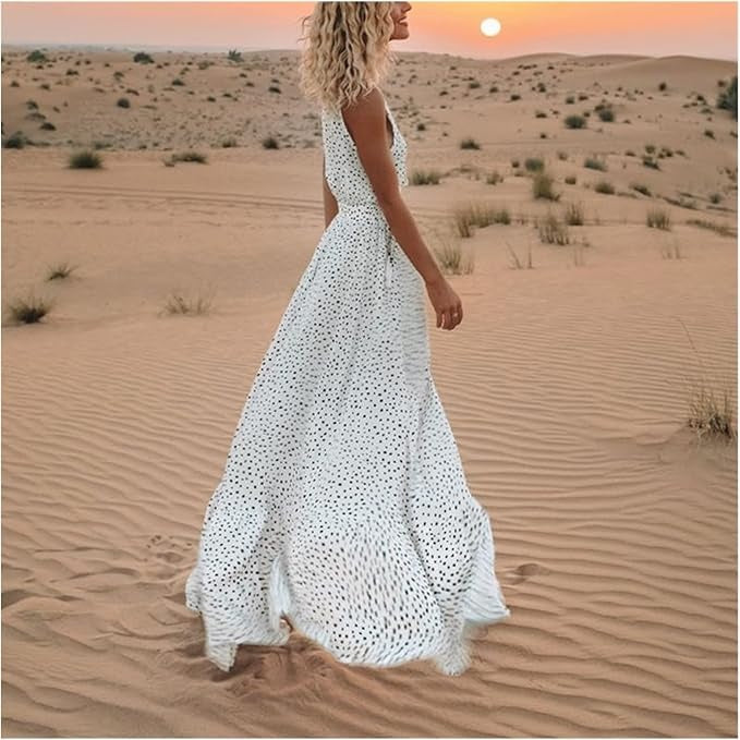Noa – Böhmisches Eleganz-Maxikleid mit V-Ausschnitt und Punkten