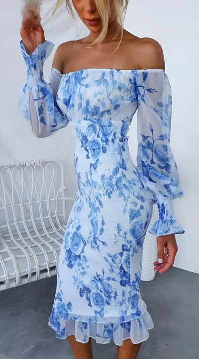 Nadia – Schulterfreies Midikleid mit gesmoktem Taillenbund und Blumenmuster