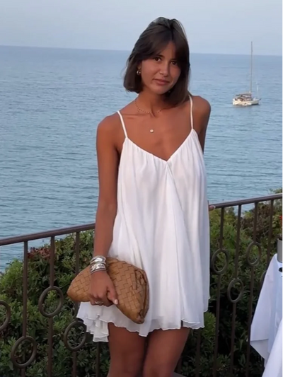Olivgrün - Plissiertes Mini-Strandkleid mit V-Ausschnitt