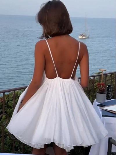 Olivgrün - Plissiertes Mini-Strandkleid mit V-Ausschnitt
