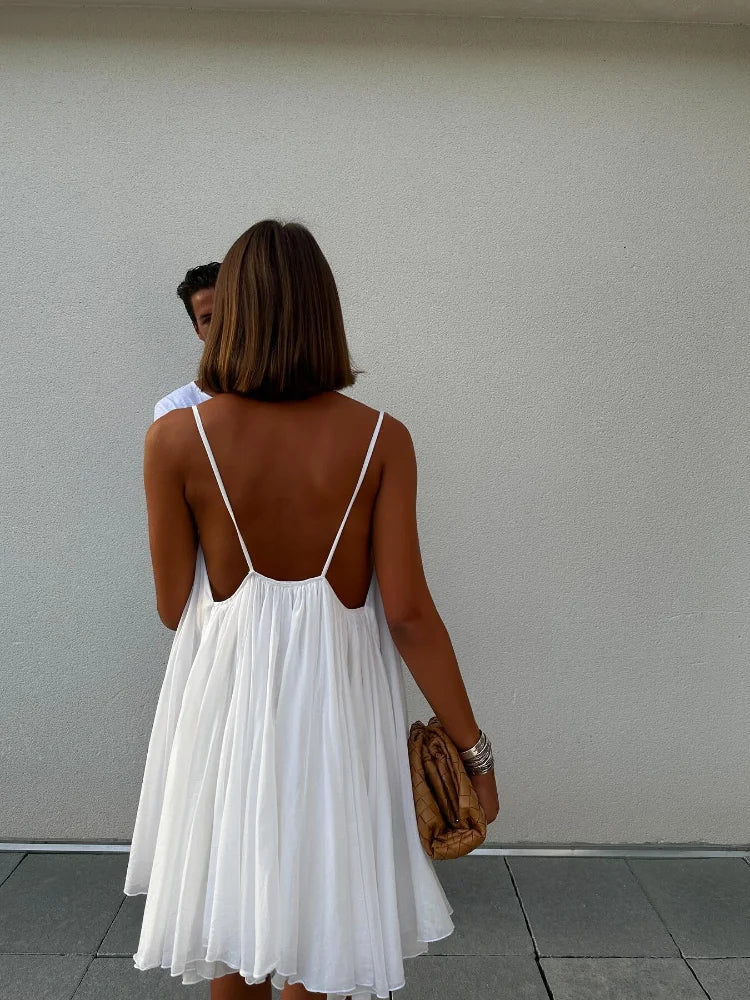 Olivgrün - Plissiertes Mini-Strandkleid mit V-Ausschnitt