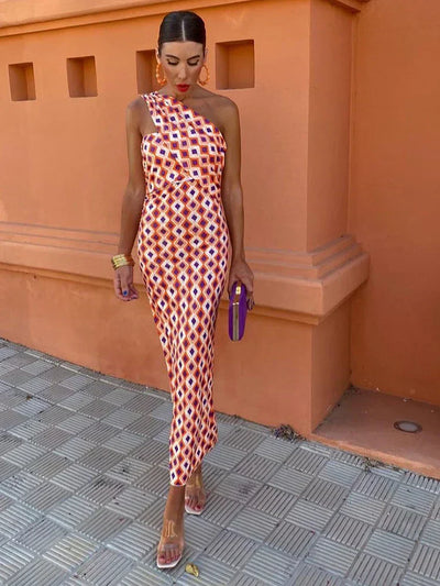 Irmgardi – Buntes Kleid mit asymmetrischem Ausschnitt