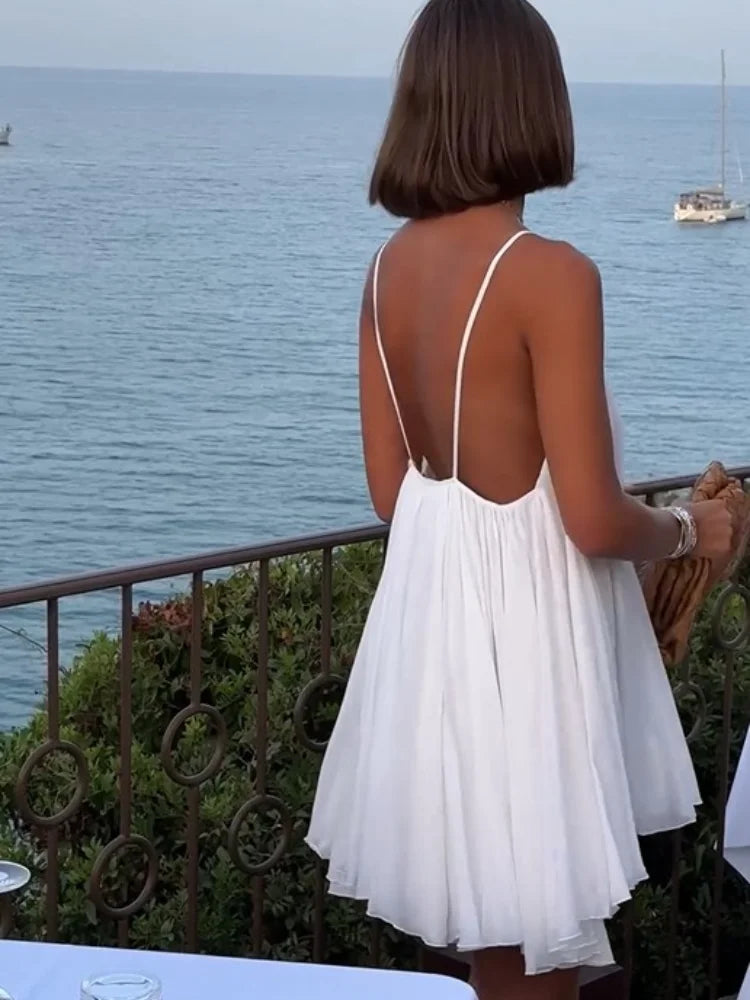 Olivgrün - Plissiertes Mini-Strandkleid mit V-Ausschnitt