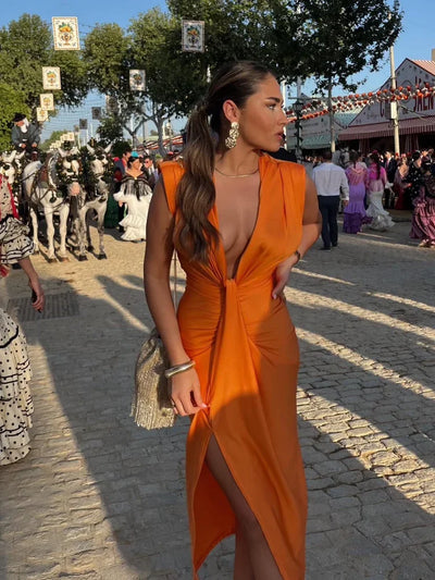 Moriah – Sunset – Gerüschtes Kleid mit V-Ausschnitt