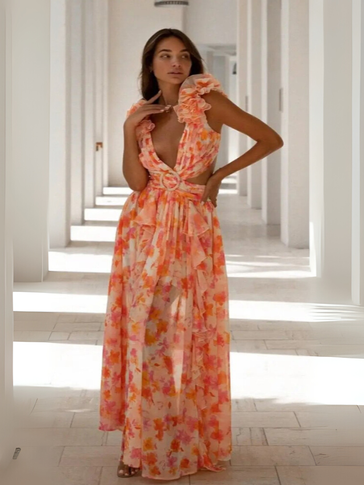 Lexi – Elegantes rückenfreies Maxikleid mit Rüschen