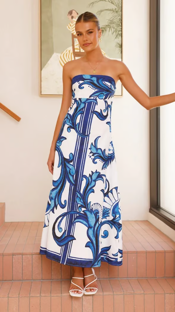 Iris – Langes Schlauchkleid mit Vintage-Print