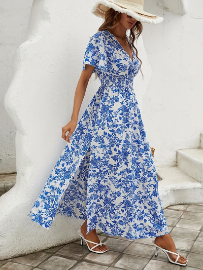Bea – Blaues Strandkleid im Bohemian-Stil mit V-Ausschnitt