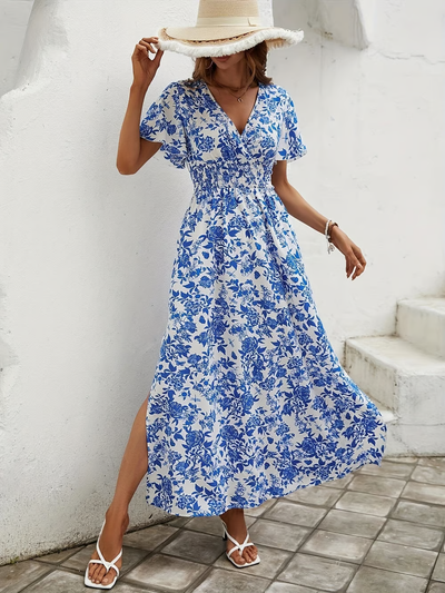 Bea – Blaues Strandkleid im Bohemian-Stil mit V-Ausschnitt