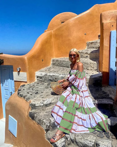 Seraphina – Luxuriöses schulterfreies Maxikleid mit mexikanischem Print