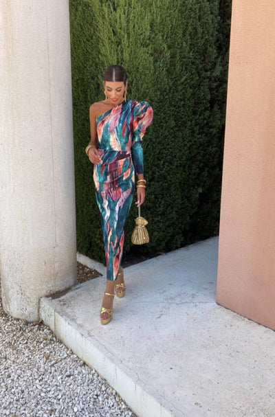 Yllana – Lilafarbenes Puff-Midikleid mit One-Shoulder-Träger