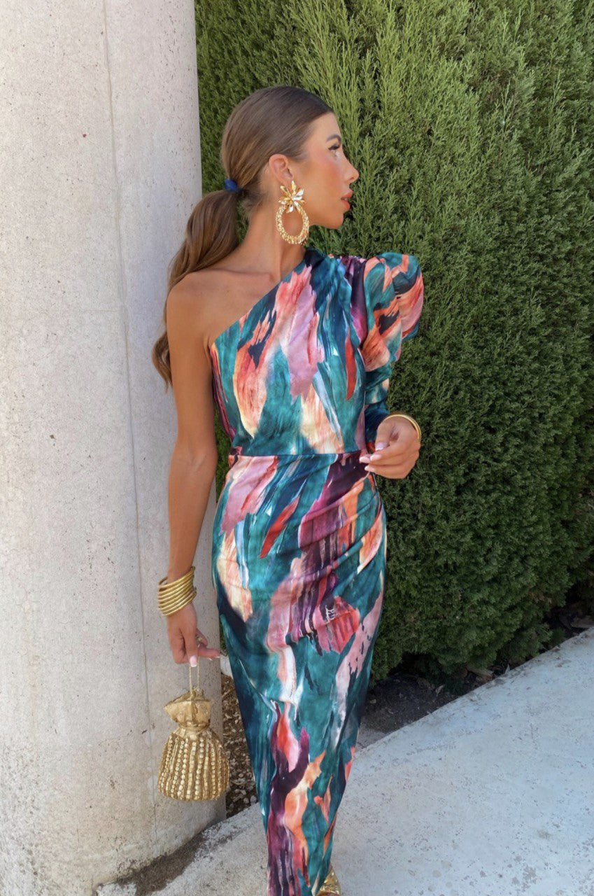 Yllana – Lilafarbenes Puff-Midikleid mit One-Shoulder-Träger