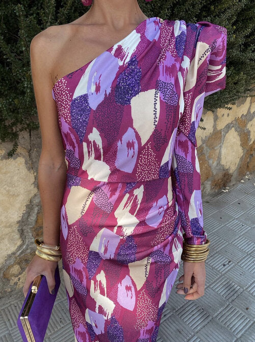 Yllana – Lilafarbenes Puff-Midikleid mit One-Shoulder-Träger