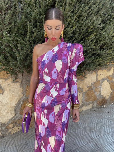 Yllana – Lilafarbenes Puff-Midikleid mit One-Shoulder-Träger