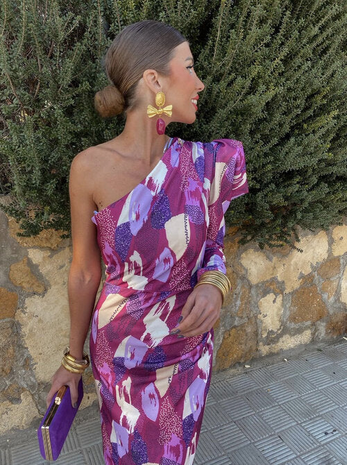 Yllana – Lilafarbenes Puff-Midikleid mit One-Shoulder-Träger