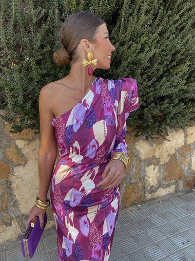 Yllana – Lilafarbenes Puff-Midikleid mit One-Shoulder-Träger