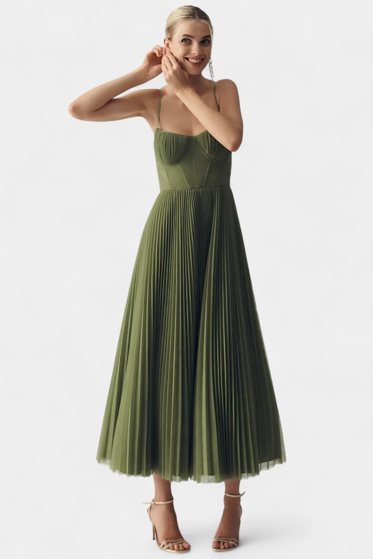 Elodie - Pleated Tulle Corset Midi Dress